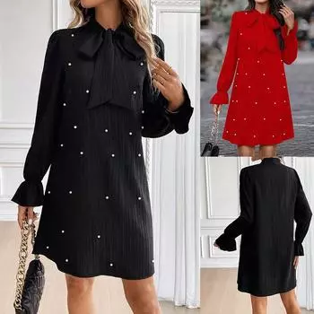 2025 Весна Новое Шнуровка Гвоздь Бусины Длинный Рукав Однотонный Свободное Платье S чёрный