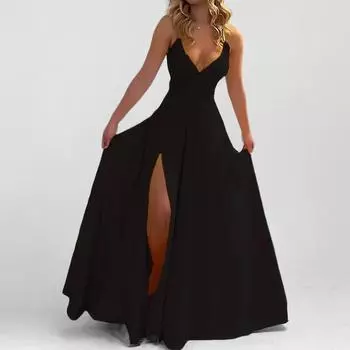 2025 Весна Новое Женское Модное Однотонное Платье с Подтяжками Сексуальное Тонкое Платье С Раздельным Кромкой Грибка S жёлтый