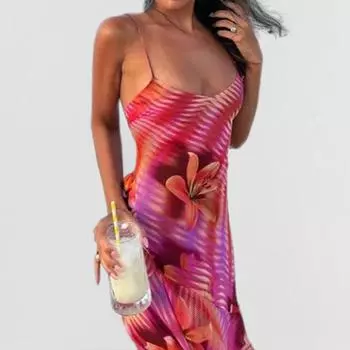 2025 Весна Новое Женское Платье Для Отдыха Сексуальное Платье На Бретельках С Печатным Разрезом Подтяжки S