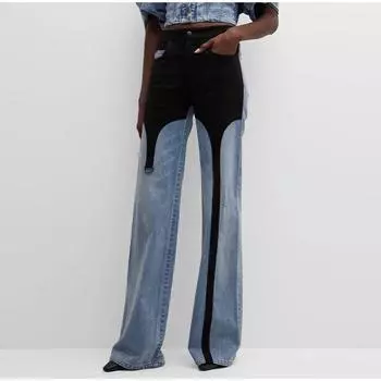 2025 Весна Новые Модные Дизайнерские Женские Сексуальные Леди Лоскутные Полосатые Джинсовые Брюки С Высокой Талией Клубные Узкие Джинсы Длинные Брюки S чёрный/синий