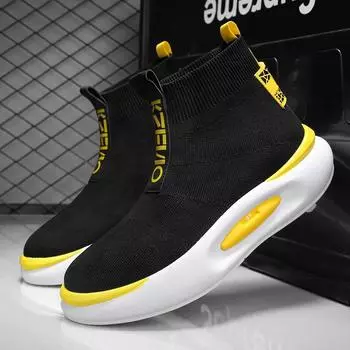 2025 Весна Новые мужские повседневные туфли Модные высокие эластичные носки мужские кроссовки Удобные дышащие однотонные высокие мужские туфли 39 чёрный