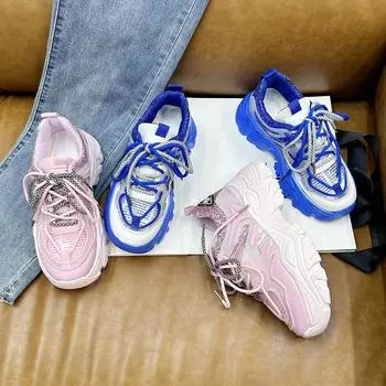 2025 Весна Новые Туфли Папа на Толстой Подошве Женские Универсальные Туфли Для Уличной Стрельбы Спортивные Туфли Ins Модные Повседневные Женские Туфли 36 синий