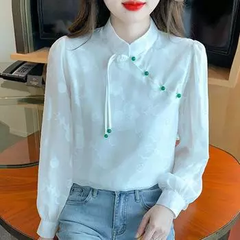 2025 Весна Новые женские блузки в китайском стиле, рубашки с длинным рукавом и воротником-стойкой, черно-белая шифоновая блузка, рубашка, женские топы J771 S чёрный