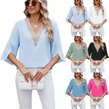 2025 Весна Новый однотонный свободный женский топ с V-образным вырезом и рукавами среднего размера S чёрный