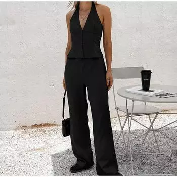 2025 Весна Новый однотонный жилет с V-образным вырезом и брюками для поездок на работу из двух предметов, женские наряды, комплект из хлопка и конопли, безрукавка S чёрный