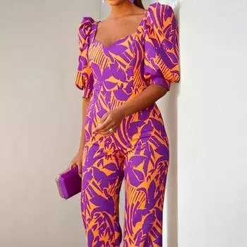 2025 Весна Новый женский модный принтованный V-образный вырез с рукавами-фонариками на талии комбинезон для женщин S