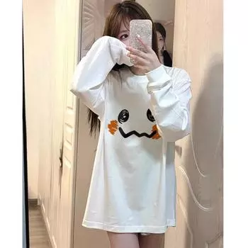 2025 Весна Осень Белый Забавный мультяшный принт Футболки Женские Harajuku Длинные рукава O-образный вырез Футболки Повседневная свободная футболка Y2k Топы Уличная одежда M белый