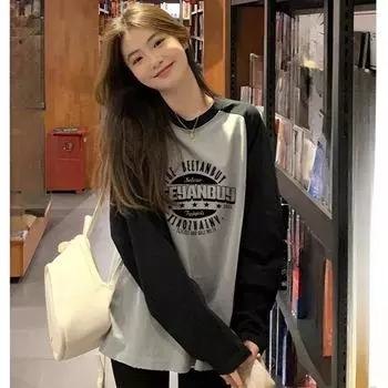 2025 Весна Осень Черно-белая Лоскутная Футболка Женская Harajuku Длинные Рукава Футболки с Буквами Принт Повседневная Футболка Оверсайз Женские Топы Y2K Уличная Одежда M