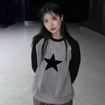 2025 Весна Осень Черно-белая Лоскутная Футболка Женская Harajuku Длинные Рукава Звездный Принт Футболки Повседневная Футболка Оверсайз Женские Топы Y2K Уличная Одежда M