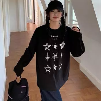 2025 Весна Осень Черные футболки с буквенным принтом Женские футболки Harajuku с длинным рукавом и круглым вырезом Повседневная свободная футболка Топы Y2k Уличная одежда M чёрный