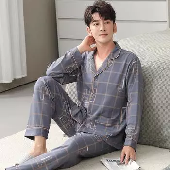 2025 Весна Осень Чистый Хлопок Мужской Пижамный Комплект Синий Клетчатый Длинные Рукава Брюки Кардиган Пижама для Мужчин Повседневная Свободная Одежда Для Сна Домашний Костюм L