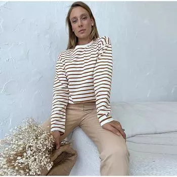 2025 Весна Осень Длинные Рукава Полосатые Футболки Женские Базовые Повседневные Топы Женские Уютные Свободные Хлопковые Футболки Футболка Новая S чёрный