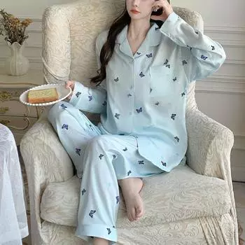 2025 Весна Осень Комплекты из 2 предметов с милым принтом бабочек Женская пижама из искусственного шелка и атласа Пижамный комплект с длинными рукавами Пижама женская Домашняя одежда M
