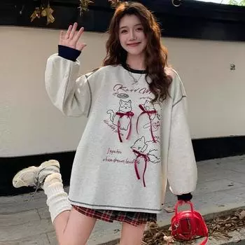 2025 Весна Осень Милый Мультфильм Кот Бантик Толстовка Харадзюку Женские Свободные Повседневные Тонкие Толстовки С Длинным Рукавом Толстовки Женские Топы S