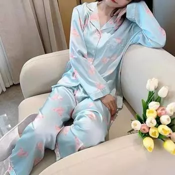 2025 Весна Осень Милый мультяшный медведь Принт Женский пижамный комплект сине-белая искусственный шелк атлас пижамный комплект с длинным рукавом пижама женская домашняя одежда M