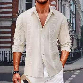 2025 Весна Осень Модная мужская рубашка с длинным рукавом в дюймовом стиле Повседневная рубашка большого размера из жаккарда Однобортная мужская рубашка с длинным рукавом с отворотом S темно-синий