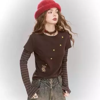 2025 Весна Осень Модные женские поддельные футболки из двух частей в полоску, топы в стиле пэчворк, футболка женская Harajuku Повседневная футболка с низом S