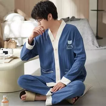 2025 Весна Осень Мужские Пижамные Комплекты Повседневные Свободные Мультяшные Хлопковые Пижамы Кимоно Кардиган Пижамы С Длинным Рукавом Ночная Рубашка Мужские Комплекты Из 2 Предметов Домашняя Одежда L
