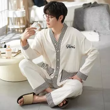 2025 Весна Осень Мужские Пижамные Комплекты Повседневные Свободные Клетчатые Хлопковые Пижамы Кимоно Кардиган Пижамы С Длинным Рукавом Ночная Рубашка Мужские Комплекты Из 2 Предметов Домашняя Одежда L белый