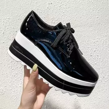 2025 Весна Осень Новые Женские Повседневные Туфли На Платформе Модные Сексуальные Черные Белые Лакированные Кожаные Квадратные Носки Женские Кроссовки Криперс 35 чёрный