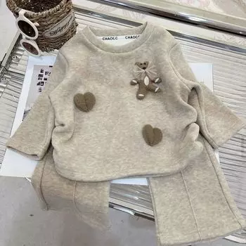 2025 Весна Осень Новый Овсяный Мультяшный Костюм Детский Милый Толстовка Брюки Комплекты Бархатный Костюм Девочки Мальчики Элегантный Комплект Из Двух Частей Корейская Версия 80 хаки