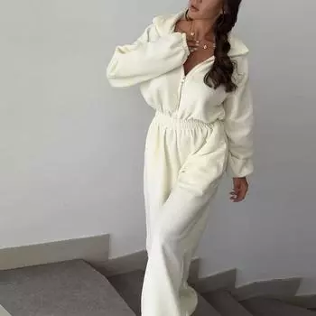 2025 Весна Осень Новый женский комбинезон Модный однотонный комбинезон с длинным рукавом и застежкой-молнией на половину длины Повседневные комбинезоны с эластичной талией для женщин S белый