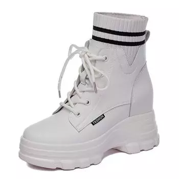 2025 Весна Осень Обувь Женские Ботильоны Натуральная Кожа Одиночные Высокие Каблуки Botas Женские Увеличивающие Рост 9 см Черный Бежевый 34 бежевый