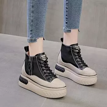 2025 Весна Осень Обувь Женские Модные Кроссовки Из Натуральной Кожи Увеличивающие Рост Туфли 8 см Платформа Брендовые Женские Кроссовки 34 чёрный