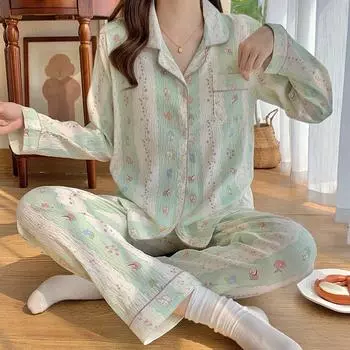 2025 Весна Осень Пижамный комплект с милым рисунком кролика из мультфильма Женский хлопок зеленый пижамный комплект с длинным рукавом Пижама женская Домашняя одежда M