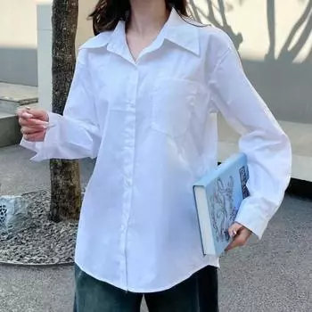 2025 Весна Осень Повседневная Простая Женская Рубашка Плюс Размер Корейская Модная Блузка Офисная Новая Свободная Тонкая Хлопковая Рубашка С Длинным Рукавом Женская Одежда 3130 L белый