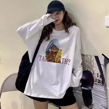 2025 Весна Осень Забавный мультяшный принт кота Футболка для женщин Harajuku Длинные рукава Белые Черные Футболки с О-образным вырезом Повседневная свободная футболка Топы Y2k Уличная одежда M белый