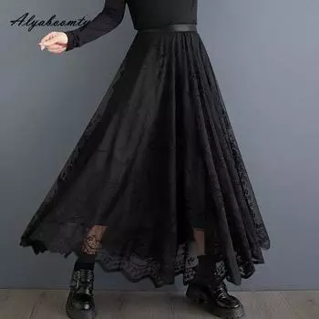 2025 Весна Осень Женщины Плюс Размер Юбка Миди А-силуэта Высокая Талия Ажурное Кружево Элегантные Женские Юбки Женские One Size чёрный
