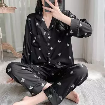 2025 Весна Осень Женская Пижама Комплект из 2 предметов с милым черным принтом бабочек Искусственный Шелковый Атлас Пижамный Комплект Женщин Длинные Рукава Пижама Женская Домашняя Одежда M