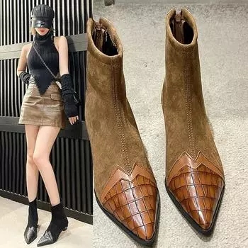 2025 Весна Осень Женские Ботильоны Модные Острые Носки Короткие Ботинки Женские Элегантные Туфли На Низком Каблуке Зимние Женские Туфли-Лодочки 35 коричневый
