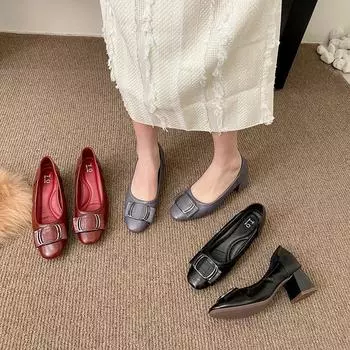 2025 Весна Осень Женские Элегантные Туфли На Высоком Каблуке Женские Туфли Брендовые Туфли На Мягком Квадратном Каблуке 5 см Черные Красные Синие Большие Размеры 42 35 чёрный