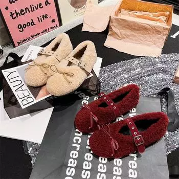 2025 Весна Осень Женские Туфли На Плоской Подошве Меховые Модные Туфли С Завязками Бабочками Женские Комфортные Туфли Мэри Джейн Для Отдыха 35 красный