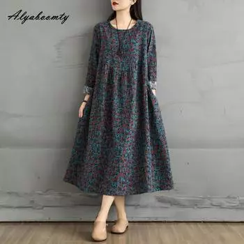 2025 Весна Осень Женское Мешковатое Платье Миди О-Образным Вырезом Темно-синее Платье С Цветочным Принтом Хлопковое Винтажное Платье Большого Размера Свободные Платья One Size