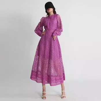 2025 Весна Полая Вышивка Длинная Юбка Талия и Утягивающее Платье С Длинными Рукавами Для Женщин XL чёрный