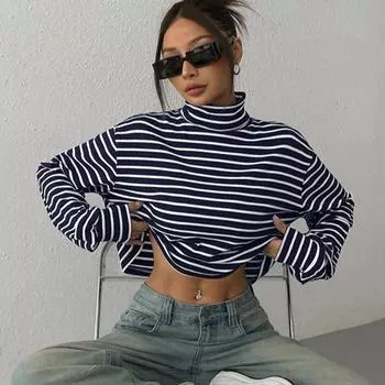2025 Весна Повседневный свободный длинный рукав футболки женские водолазки сексуальные черные полосатые пуловеры футболка женские базовые футболки y2k укороченный топ S