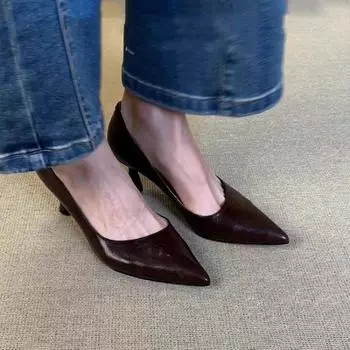2025 Весна Винтаж Женские Туфли-Лодочки Модные Туфли С Заостренным Носом Лаконичные Офисные Женские Кожаные Туфли 34 коричневый