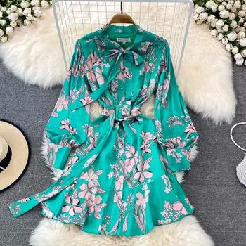 2025 Весна Высококачественное Ощущение Легкости Роскоши Знаменитостей Темперамент Высокая Талия Галстук-Бабочка Тонкий Длинный Рукав Печатный A-word Платье Для Женщин M зелёный