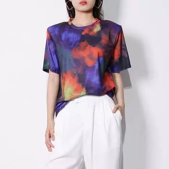 2025 Весна Женская Цветная Свободная Тонкая Футболка-пуловер с Круглым Вырезом и Коротким Рукавом XL