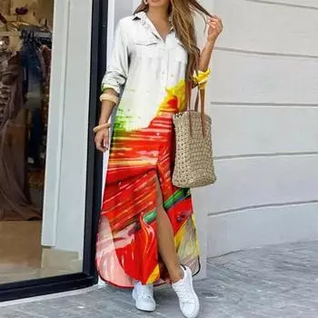 2025 Весна Женская мода рубашка с принтом свободный разрез лацкан большого размера платье S