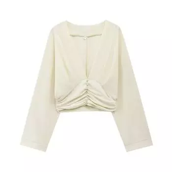 2025 Весна Женский Европейский Стиль V-образный вырез Плиссированный Топ с Длинным Рукавом XS грязно-белый