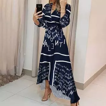 2025 Весна Женское Платье Модный Темперамент Печатный V-образный Вырез Талии Платье S чёрный