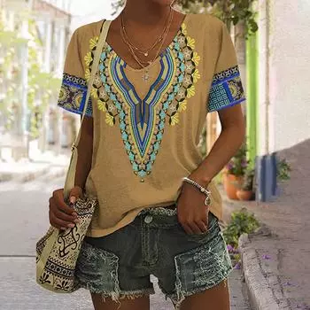 2025 Винтажная рубашка для женщин с принтом тотема в этническом стиле, женская одежда, летние повседневные топы с короткими рукавами, футболки, футболка большого размера M