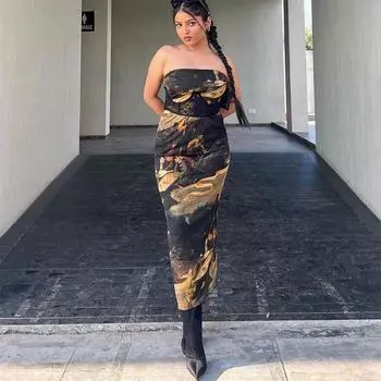 2025 Винтажное печатное весеннее платье без бретелек Новое сексуальное женское платье-труба без рукавов Облегающее платье с высокой талией Модное элегантное вечернее платье Женская одежда S чёрный