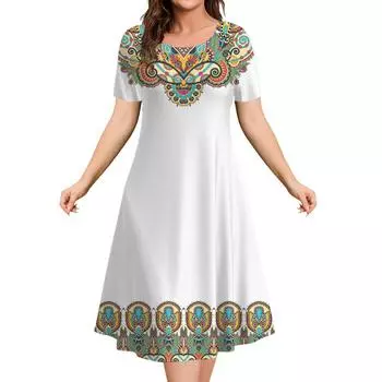 2025 Винтажные женские платья с принтом Летние роскошные этнические платья миди Женское платье с коротким рукавом Модная одежда больших размеров M