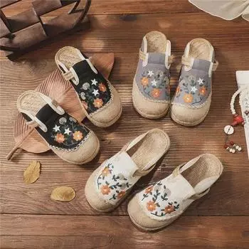 2025 Вышитые балетки: Весна, лето, осень Женская повседневная обувь из льна в национальном стиле Size 39 бежевый
