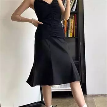 2025 Высокая талия Маленькая черная юбка женская новый образ облегающая юбка с рыбьим хвостом модная узкая юбка средней длины S чёрный